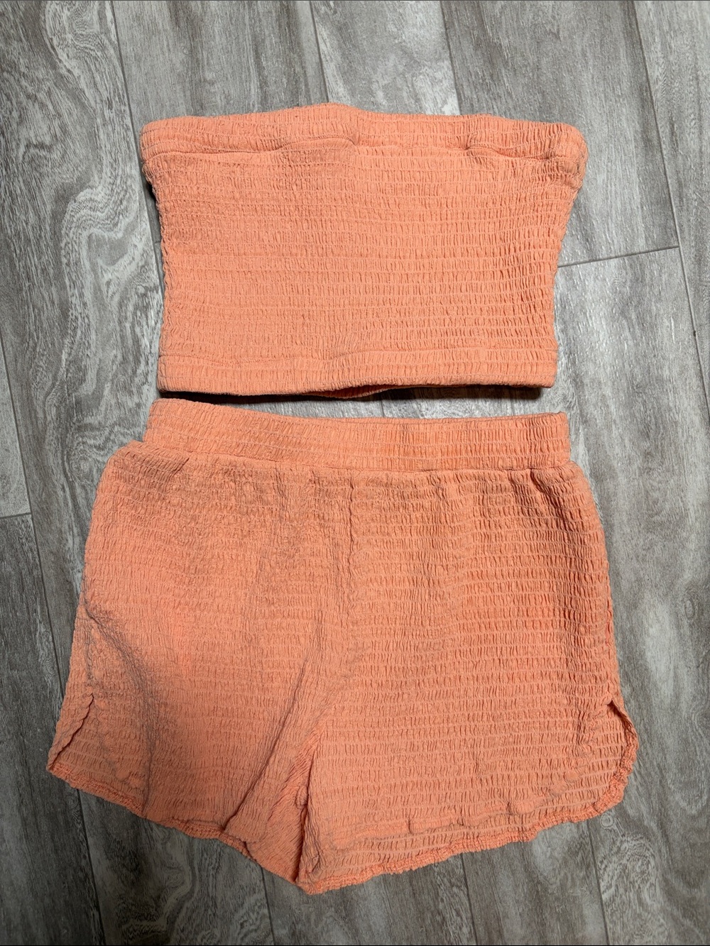 Smocked Strapless Tunic Top & Shorts Set - Peach with pockets
